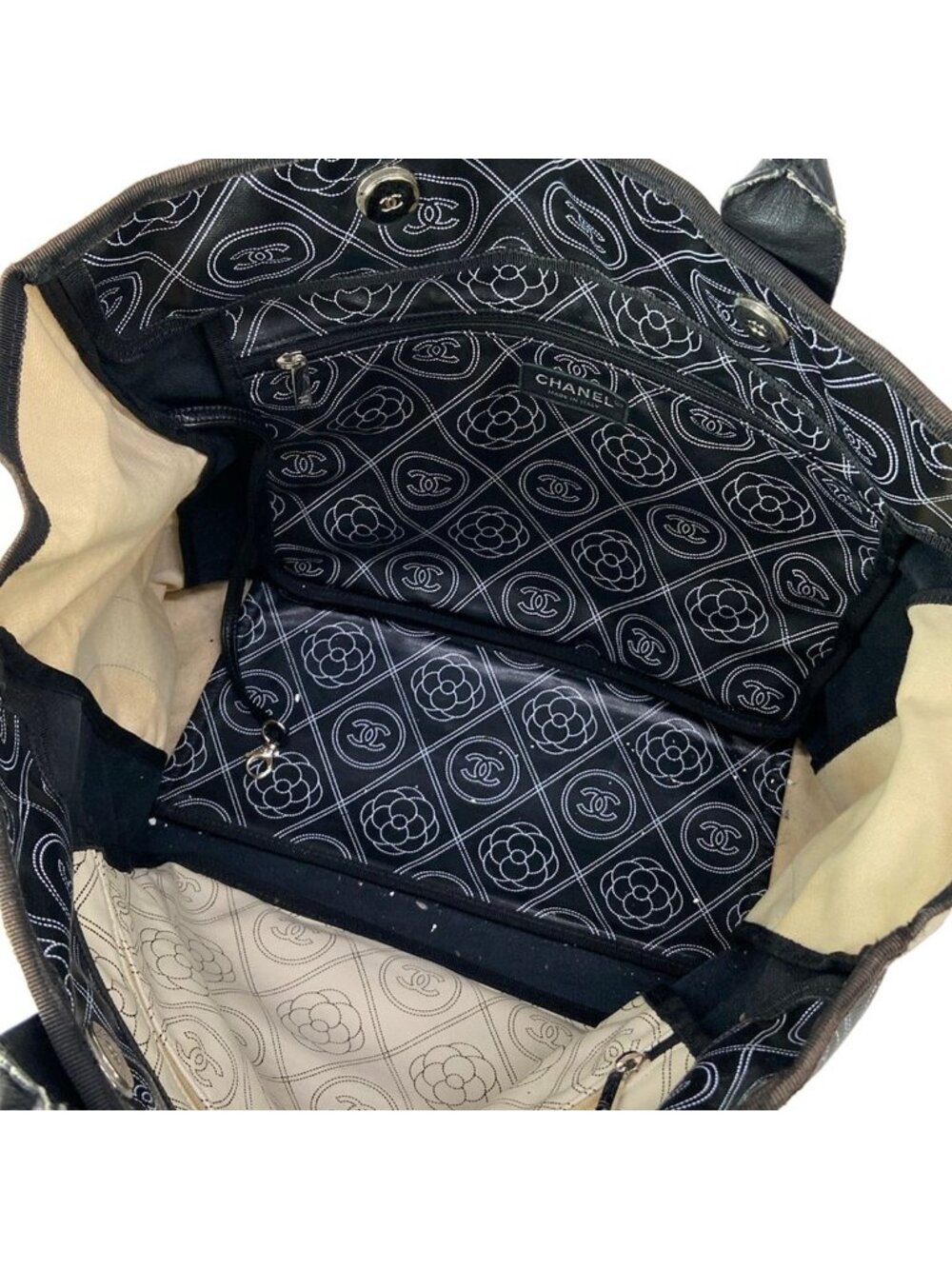 Chanel Tote Large Shopping Black Ivory 2-Way Chain Shoulder Silver Leather - Picture 7 of 15